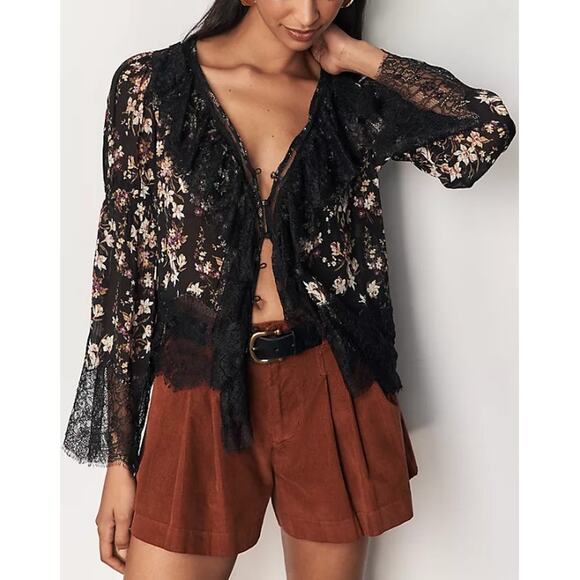 Anthropologie Black Lace Ruffle Floral Sheer Blouse - Picture 2 of 13